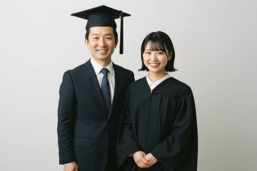 A proud father of his graduating daughter on a white background, ideal for celebrating the couple's academic success