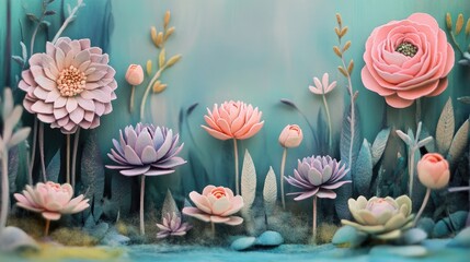 Whimsical Pastel Landscape with Miniature Flower Sculptures, Generative Ai