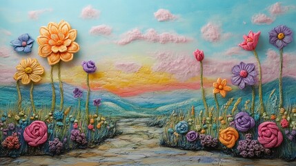 Whimsical Pastel Landscape with Miniature Flower Sculptures, Generative Ai