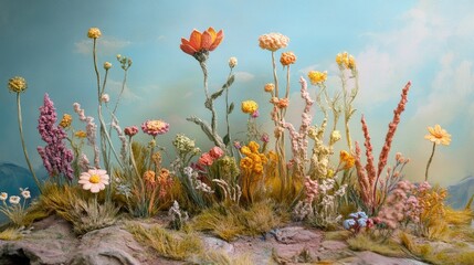 Whimsical Pastel Landscape with Miniature Flower Sculptures, Generative Ai