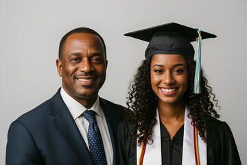 Beautiful african american female graduate student  in a cap and gown posing with their parents on white background