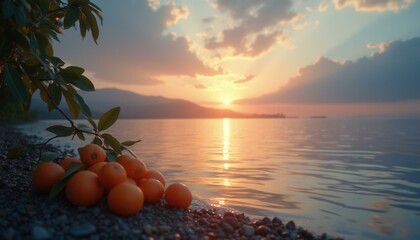 Obraz premium Twelve oranges resting on a serene lakeside beach at sunset