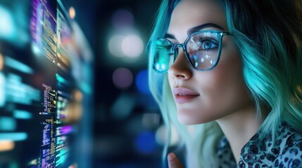 Contemplative young woman coding in dark home office at night