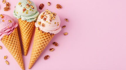 three colorful ice cream cones on pastel pink background in flat lay style arranged in perfect triangle composition, soft shadows and diffused top light creating gentle contrast