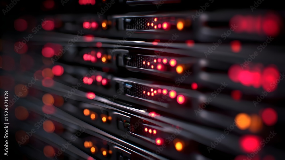 Poster close-up view of illuminated server racks in a data center, showcasing technology and connectivity