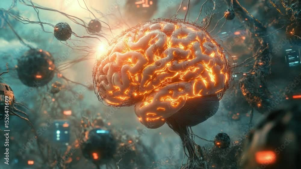 Poster artificial brain connection: an intricate illustration shows an artificial brain glowing with light,