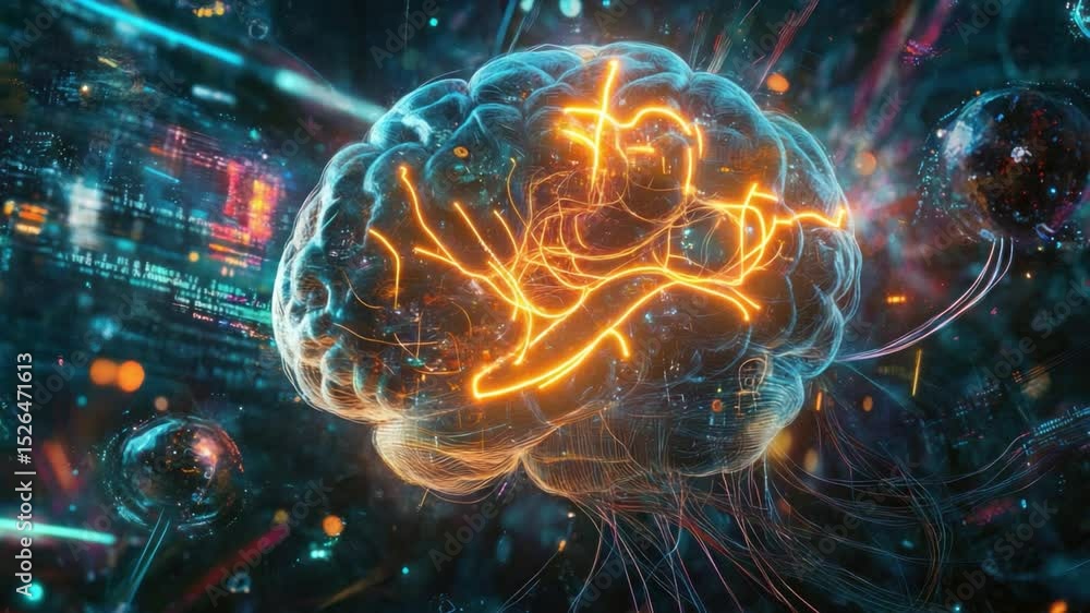 Poster neural network in cyberspace: a vibrant, abstract depiction of a human brain within a digital neural