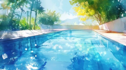 Serene outdoor swimming pool in lush tropical backyard