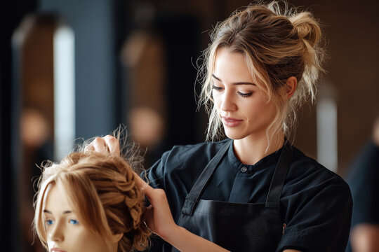 Hairstylist teaching at a beauty school, student practicing hair cutting techniques on mannequin head, educational environment.