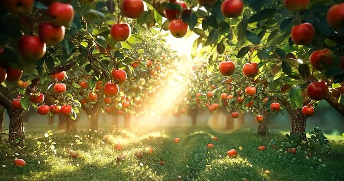 Red apples on trees in a sunlit orchard. Green grass and trees under sunlight, capturing a serene atmosphere. Apples hang from branches. The scene has warm lighting