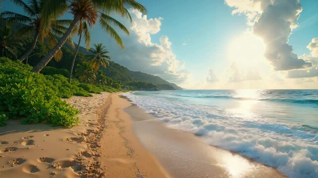 Scenic palm trees on the seashore during bright sunset against ocean backdrop