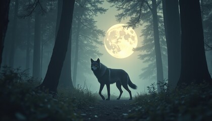 Wolf walking through foggy forest under full moon at night