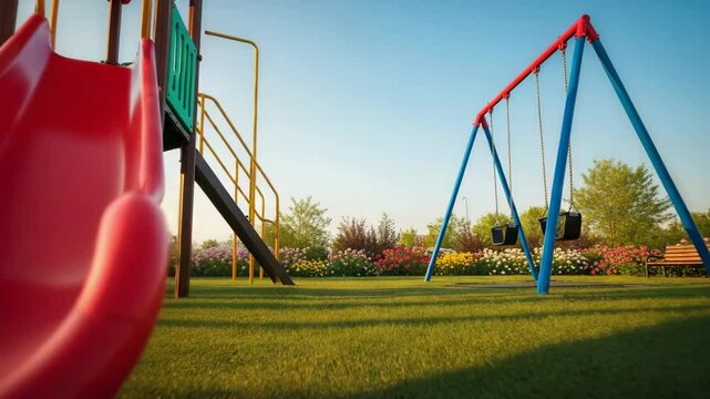 Play area with red slide and swings in a sunny park setting  