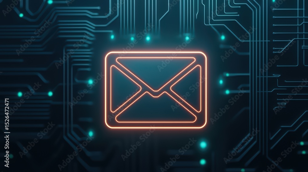 Poster neon email symbol glowing on circuit board background for technology and communication concepts