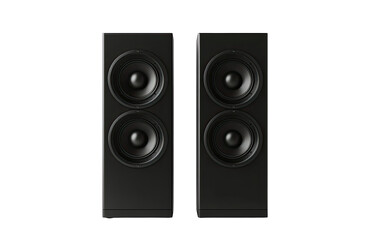 Fototapeta premium Two black, rectangular speakers, side-by-side, with large, black woofers