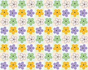 Playful checkerboard groovy seamless pattern with hand-drawn daisy flowers on colourful check backgrounds Lovely colorful precious vectors illustrations in artistic 60s 70s for surface artwork