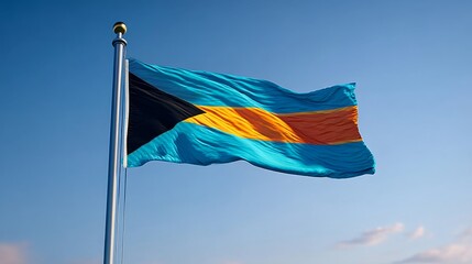 Bahamas flag waving proudly against a clear blue sky