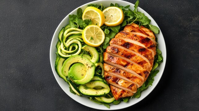 Grilled chicken breast with fresh greens, lemon slices, and spiralized zucchini on rustic dark background - Powered by Adobe