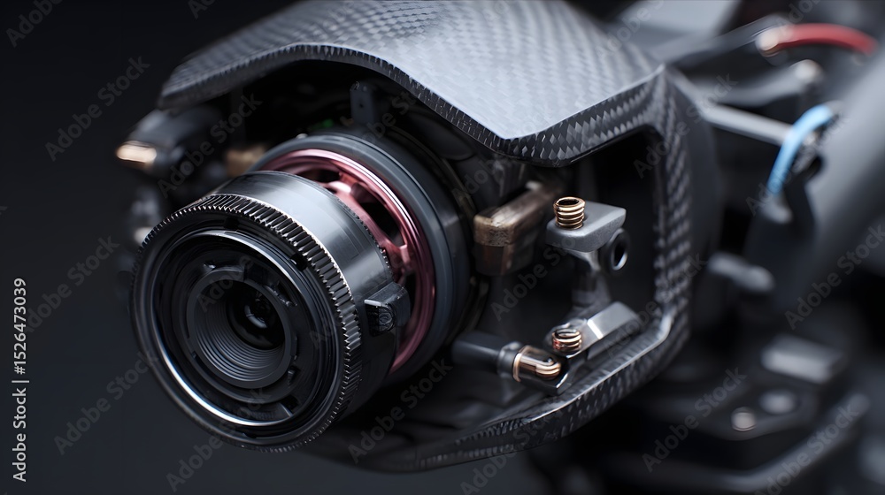 Poster close-up view of a high-tech camera lens showcasing intricate mechanical components and design