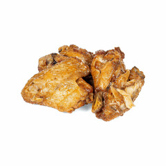 A close-up view of several crispy, golden-brown chicken wings. The slightly glossy texture suggests they might have been fried or baked.