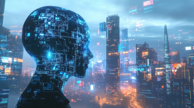 Futuristic cityscape at night with digital overlay