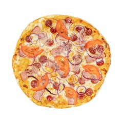 A mouthwatering pizza with crispy crust, melted cheese, and fresh toppings of tomatoes, onions, bacon, and pepperoni