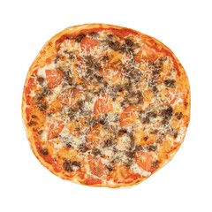 A delicious pizza with ground beef, tomato slices, and melted cheese on a golden crust, presented on a white background