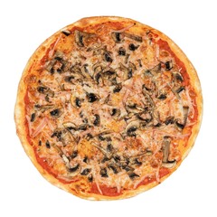 A freshly baked pizza topped with mushrooms, ham, and melted cheese on white background