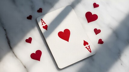 A beautifully arranged Ace of Hearts playing card surrounded by red heart cutouts, presenting a romantic or playful theme perfect for various design needs.