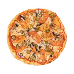 A delicious pizza topped with tomatoes, mushrooms, red onions, jalapenos, and melted cheese on a...