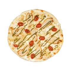 A delicious pizza topped with grilled chicken, cherry tomatoes, and drizzled with pesto sauce on a white background