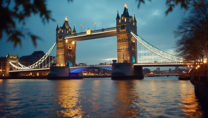 Obraz premium Illuminated bridge over river at night in city setting