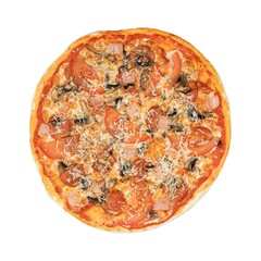 A freshly baked pizza with ham, pepperoni, mushrooms, and melted cheese on a crispy golden crust