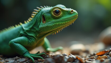 Fototapeta premium Alert lizard resting on rocks in serene outdoor setting