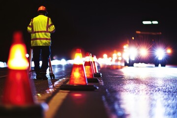 Safety Officer in Reflective Vest at Night on Road with Traffic Cones