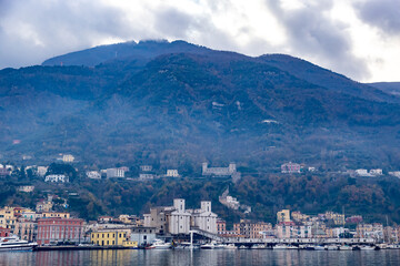 Seaside of Tyrrhenian sea with boats and yachts in Castellammare city near Naples