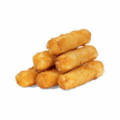 Golden brown, crispy breaded mozzarella sticks stacked on a white background, perfect for a snack or appetizer