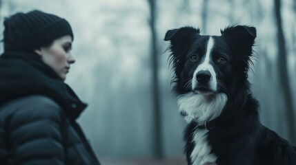 Caucasian woman with border collie in serene winter forest