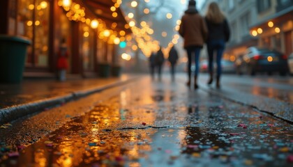 Two adults walking on city street at night with confetti