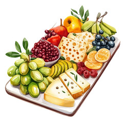 watercolor vector of Cheese And Fruit Platter, high quality, isolated on a white background.