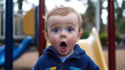 Surprised toddler boy playing on playground equipment outdoors