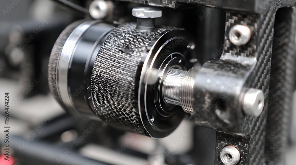 Poster close-up of a high-performance carbon fiber component showcasing precision engineering and design
