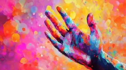 Hand gesturing joyfully against abstract colorful background