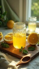 Jar of refreshing lemon drink with mint sprigs indoors
