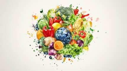 Vibrant watercolor painting of assorted fruits and vegetables