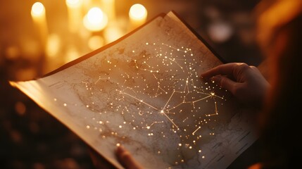 Contemplative woman examining star chart in dark room