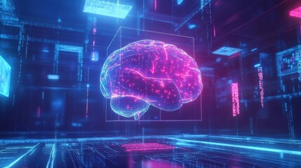Human brain in digital data streams at nighttime