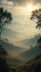 Majestic sunrise over serene mountainous landscape with trees