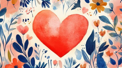 Large red heart surrounded by colorful flowers and leaves