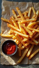 Appetizing French fries with ketchup on table indoors